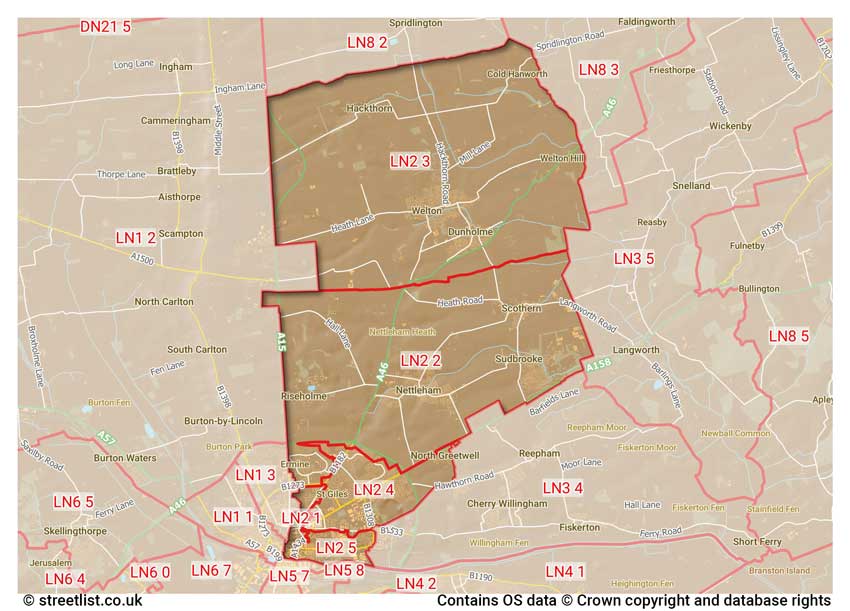 map showing postcode sectors within the LN2 district