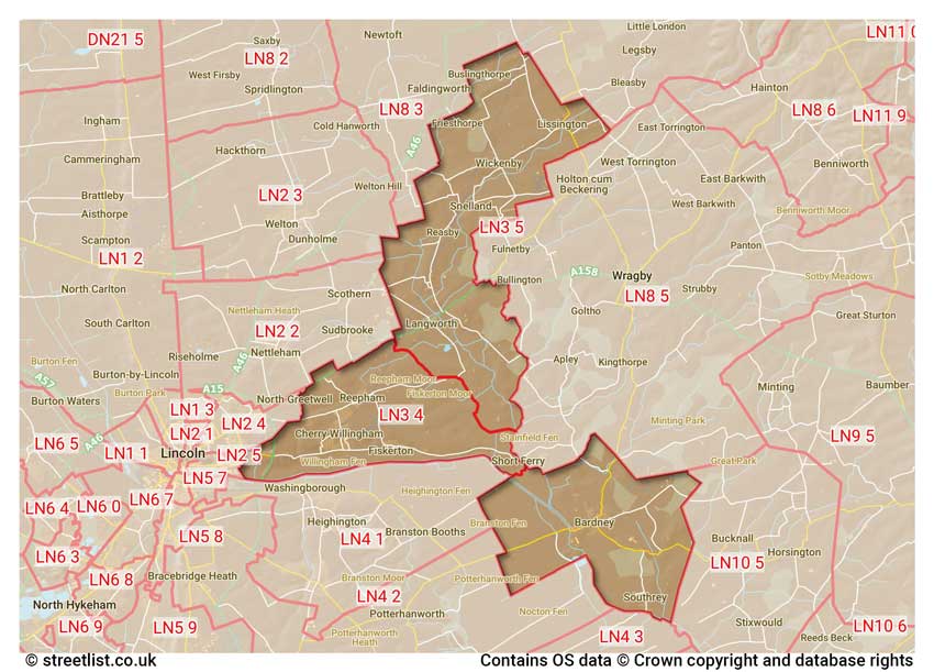 map showing postcode sectors within the LN3 district