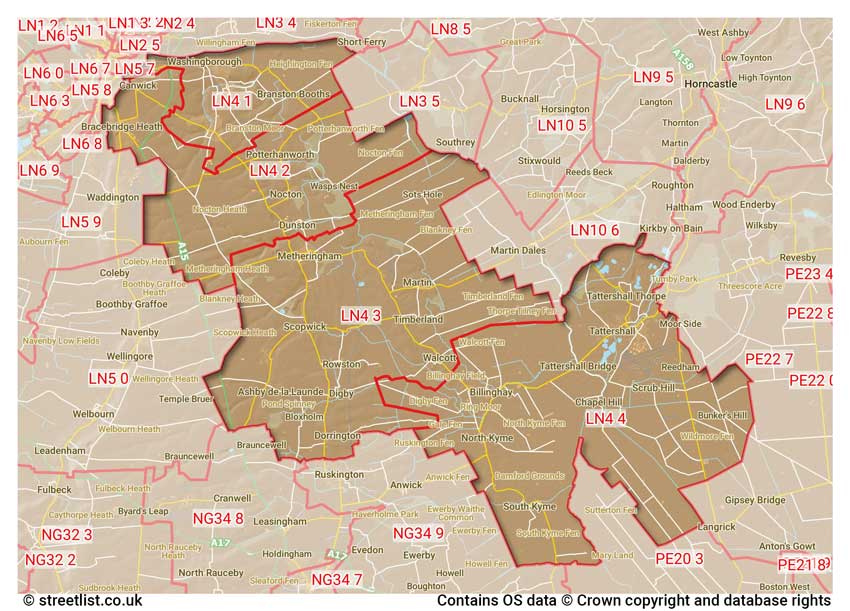 map showing postcode sectors within the LN4 district