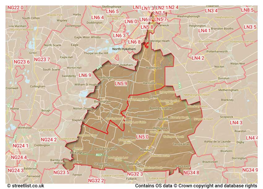 map showing postcode sectors within the LN5 district