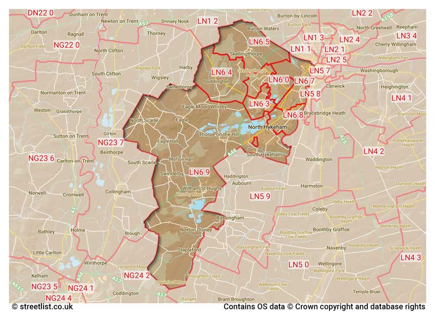 map showing postcode sectors within the LN6 district