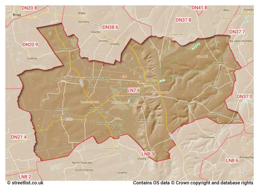 map showing postcode sectors within the LN7 district