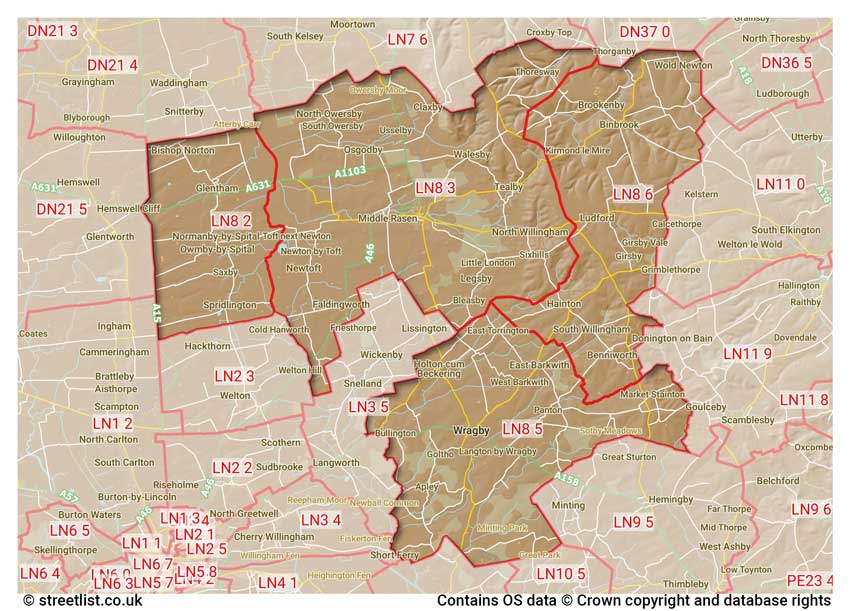 map showing postcode sectors within the LN8 district