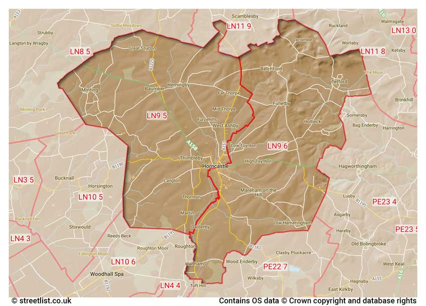 map showing postcode sectors within the LN9 district