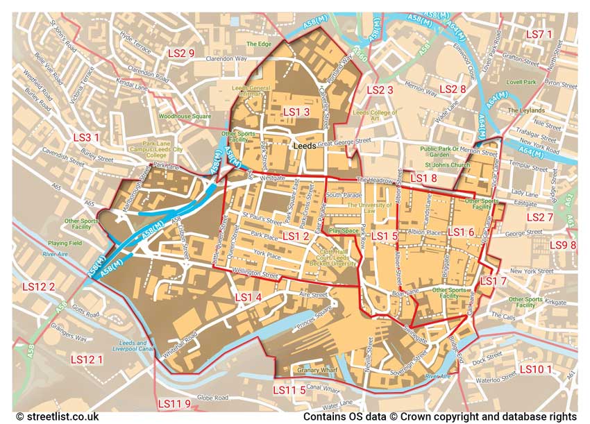 map showing postcode sectors within the LS1 district