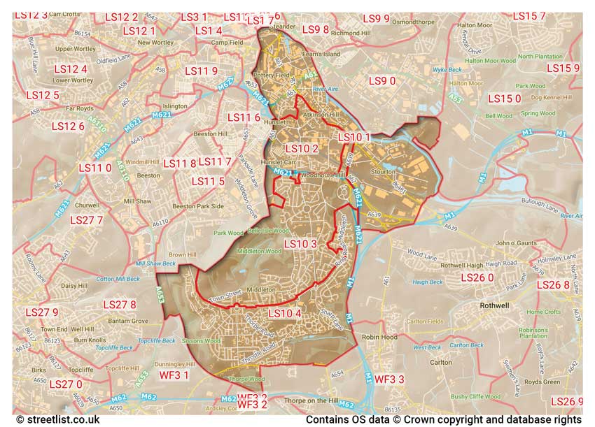 map showing postcode sectors within the LS10 district