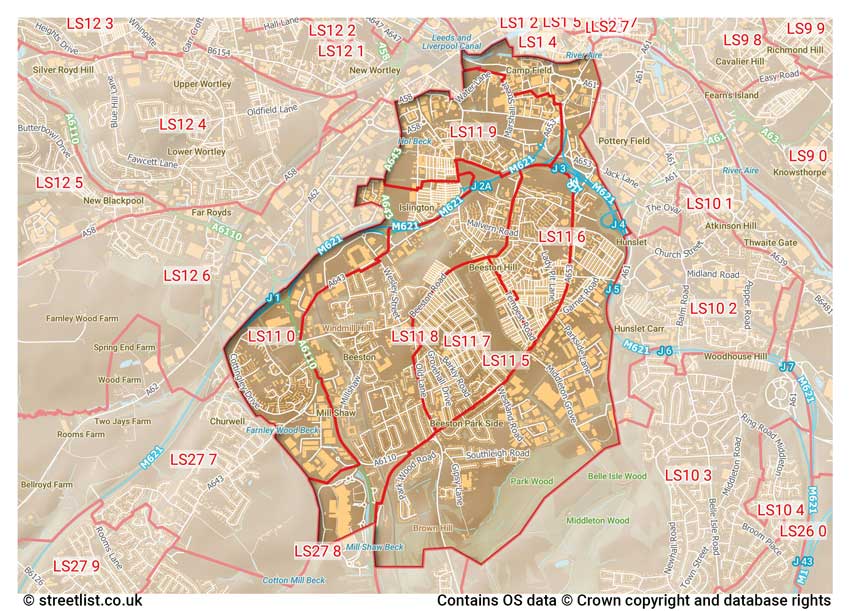 map showing postcode sectors within the LS11 district