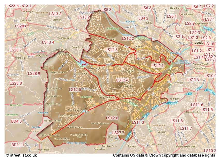 map showing postcode sectors within the LS12 district