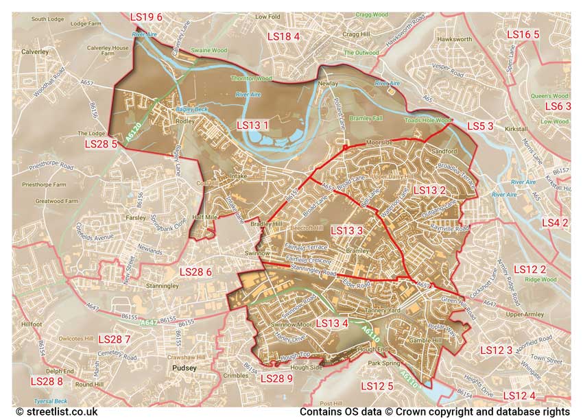 map showing postcode sectors within the LS13 district