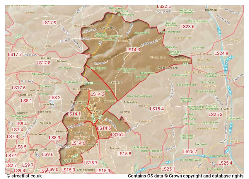 map showing postcode sectors within the LS14 district