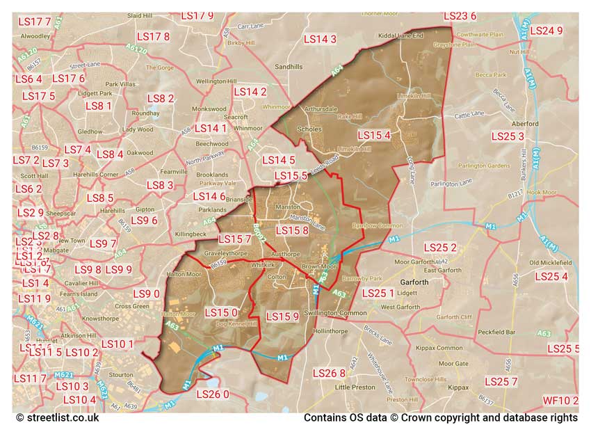 map showing postcode sectors within the LS15 district