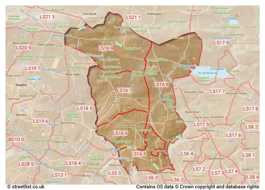 map showing postcode sectors within the LS16 district