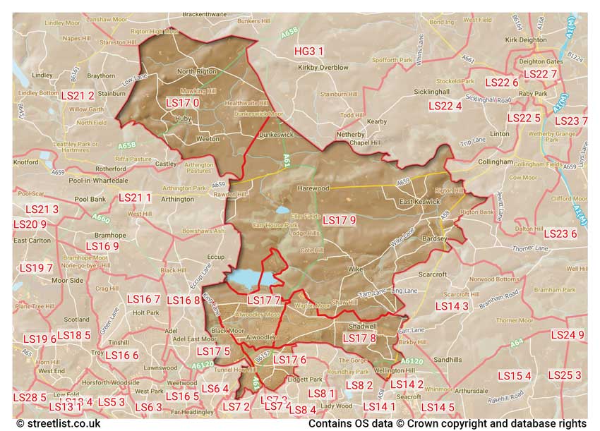 map showing postcode sectors within the LS17 district