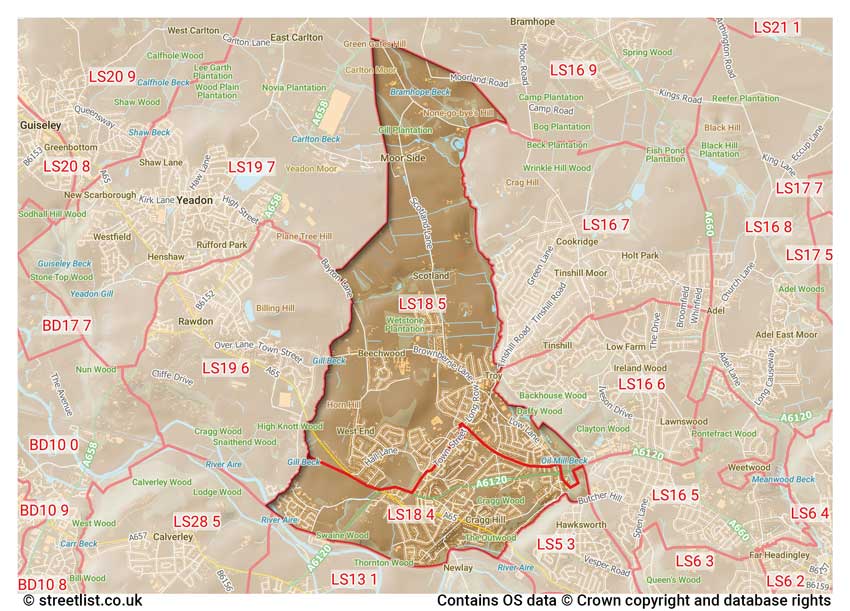 map showing postcode sectors within the LS18 district