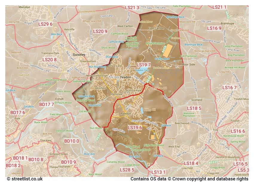 map showing postcode sectors within the LS19 district