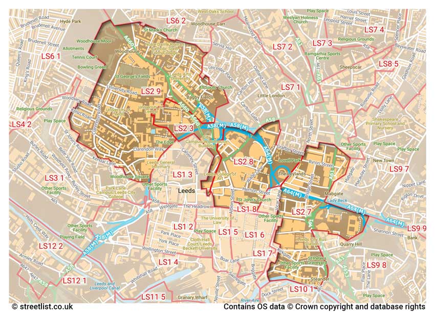 map showing postcode sectors within the LS2 district