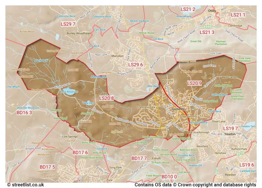 map showing postcode sectors within the LS20 district