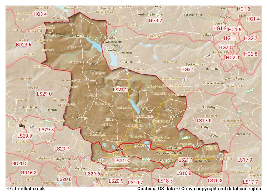 map showing postcode sectors within the LS21 district