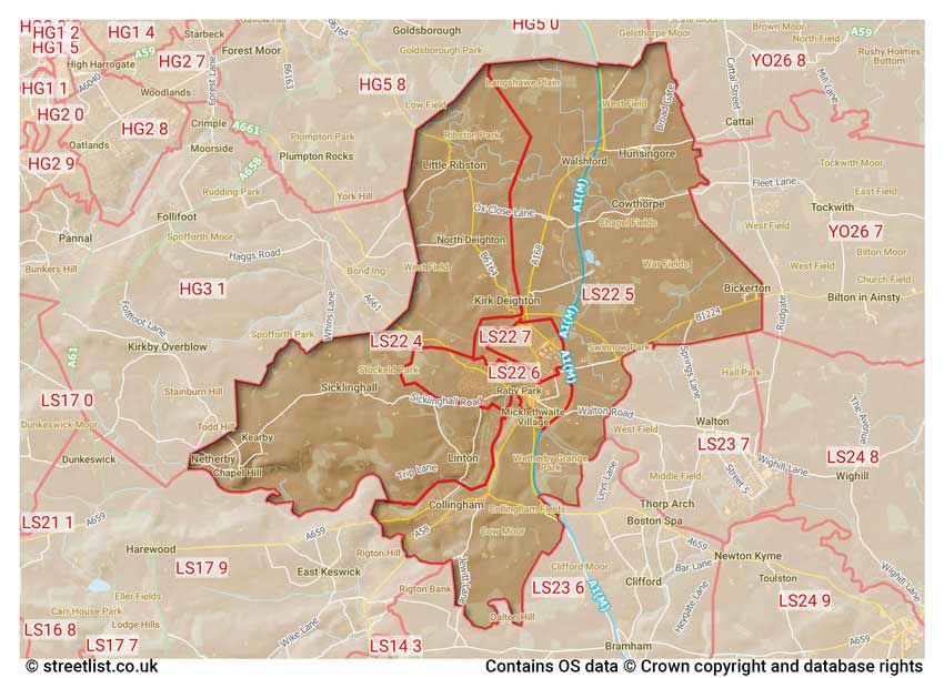 map showing postcode sectors within the LS22 district