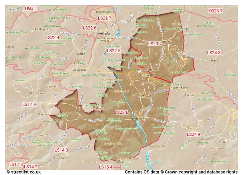 map showing postcode sectors within the LS23 district