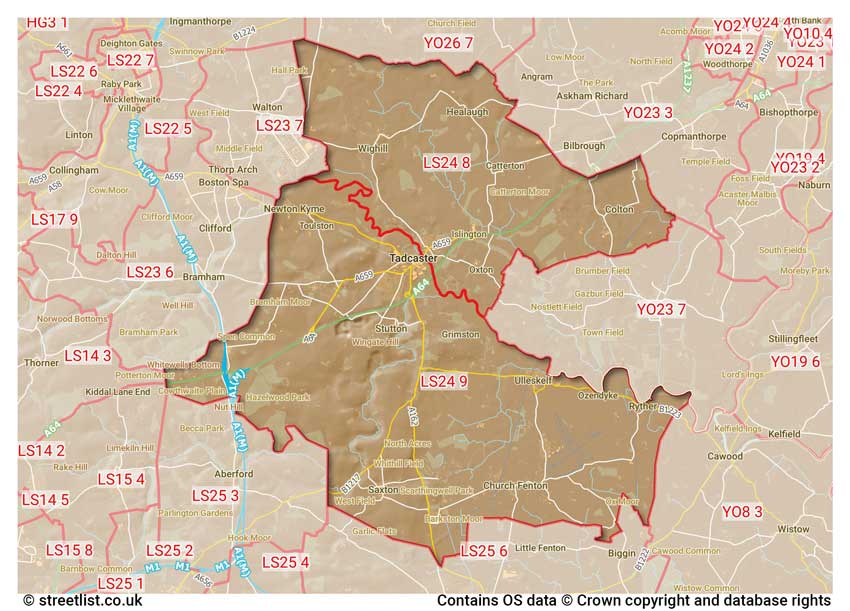 map showing postcode sectors within the LS24 district