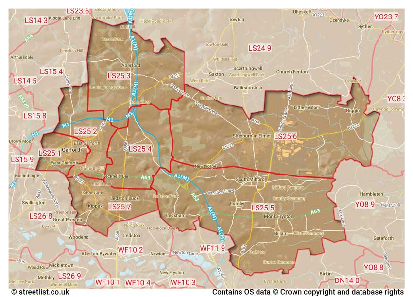 map showing postcode sectors within the LS25 district