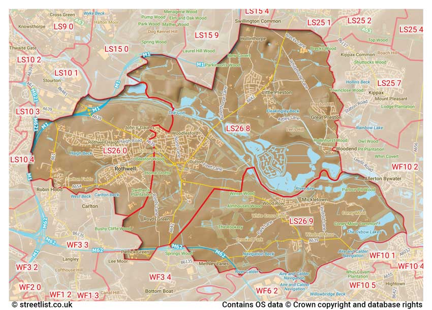 map showing postcode sectors within the LS26 district