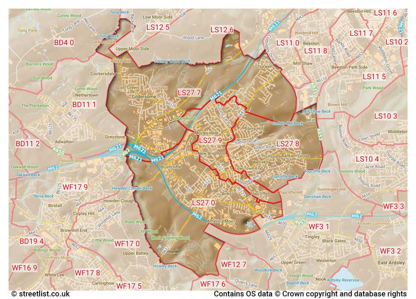 map showing postcode sectors within the LS27 district