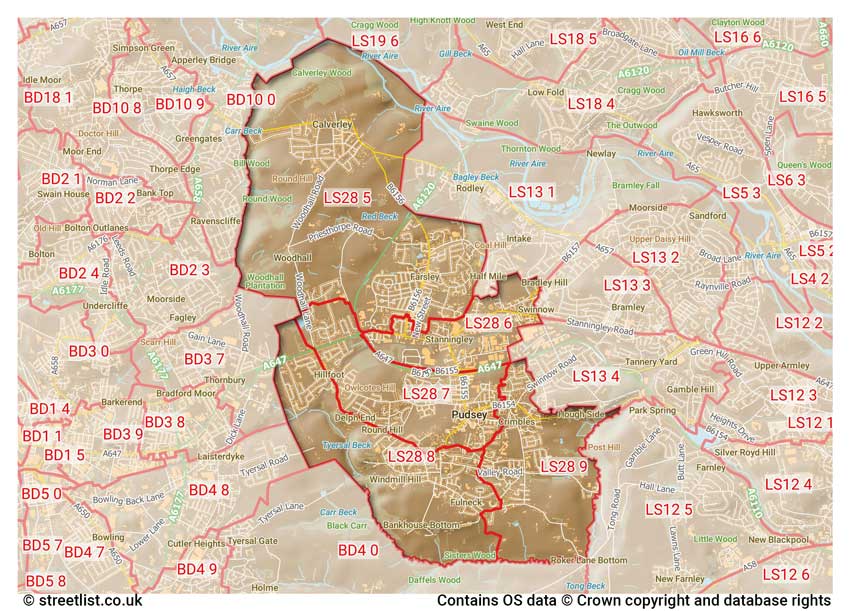 map showing postcode sectors within the LS28 district