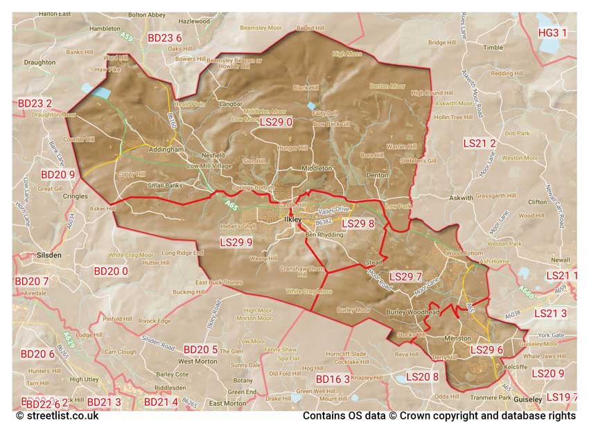 map showing postcode sectors within the LS29 district