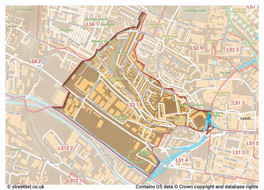 map showing postcode sectors within the LS3 district