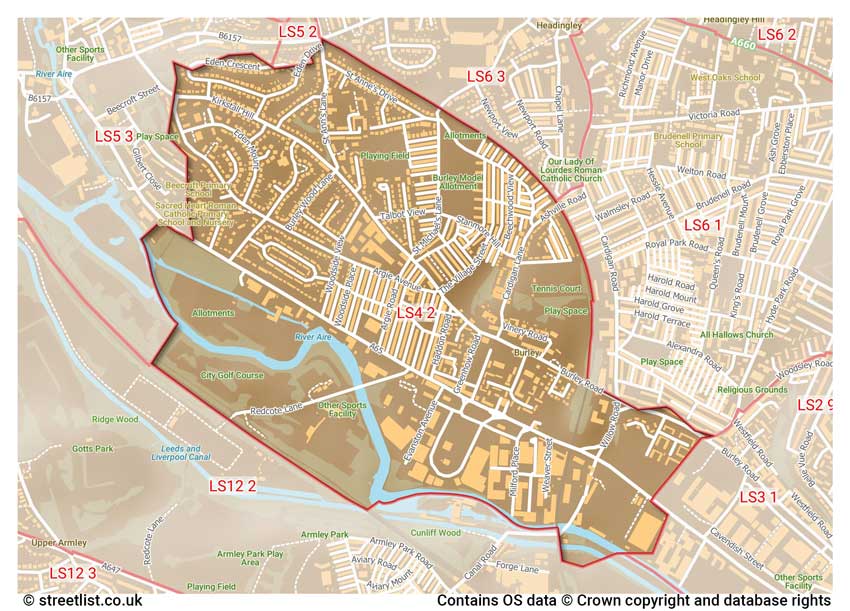 map showing postcode sectors within the LS4 district