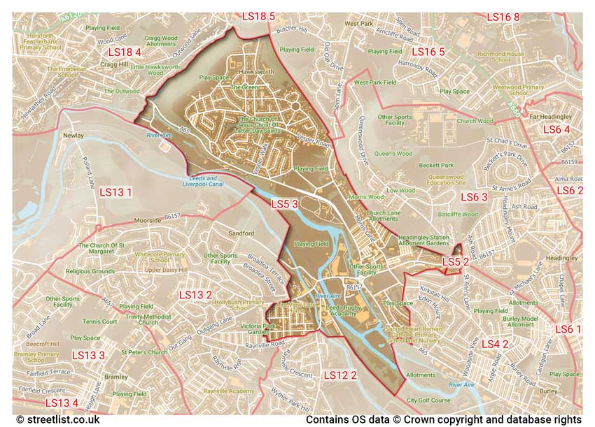 map showing postcode sectors within the LS5 district