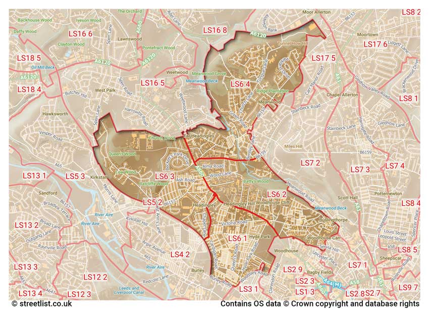 map showing postcode sectors within the LS6 district