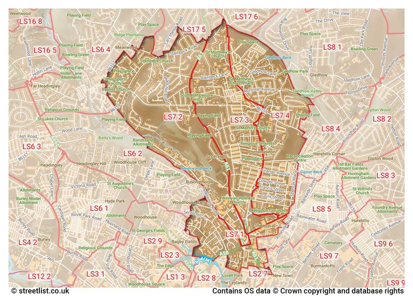 map showing postcode sectors within the LS7 district