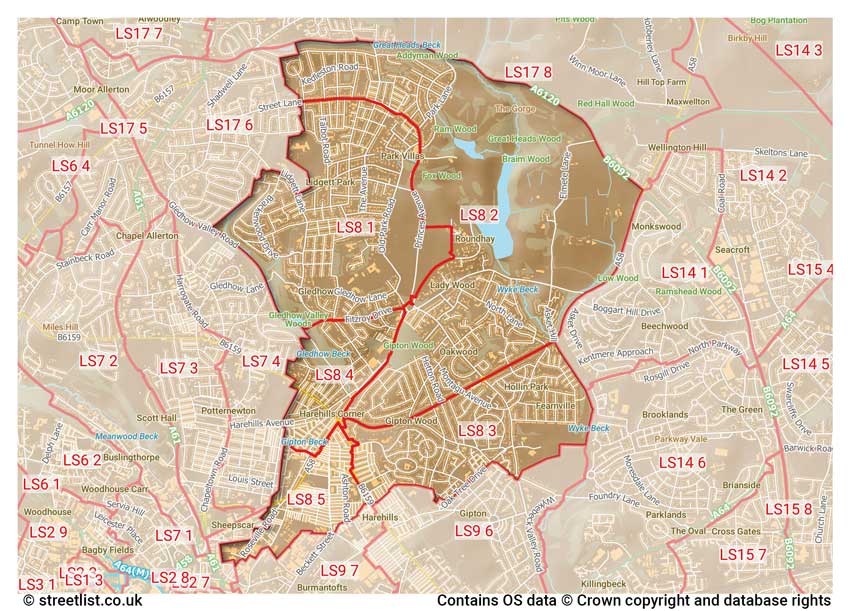 map showing postcode sectors within the LS8 district