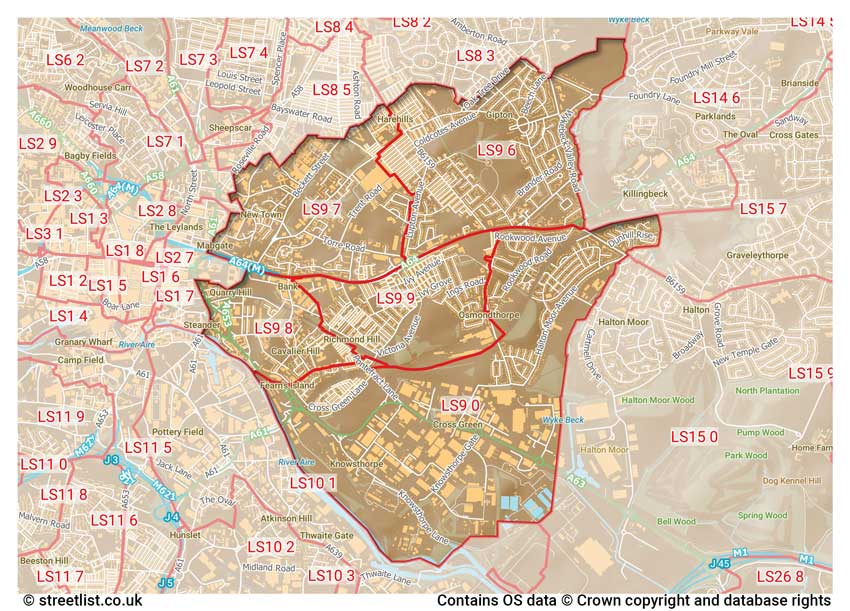 map showing postcode sectors within the LS9 district