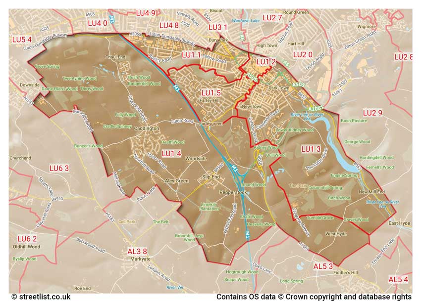 map showing postcode sectors within the LU1 district