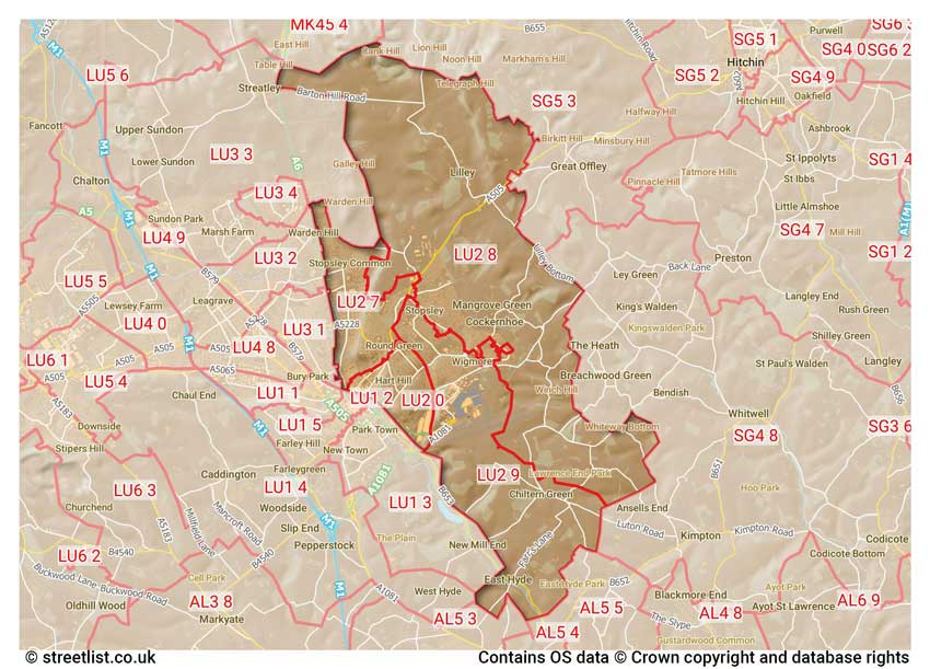 map showing postcode sectors within the LU2 district