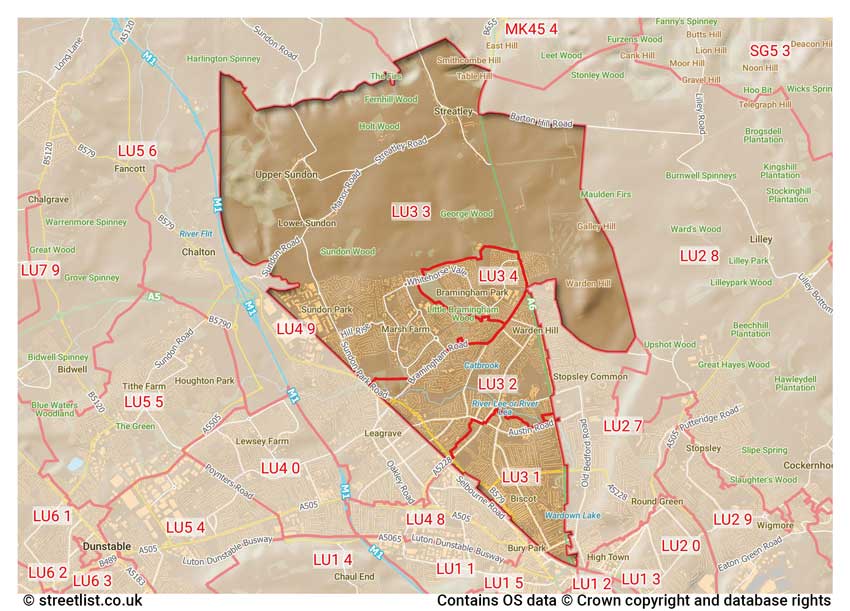 map showing postcode sectors within the LU3 district