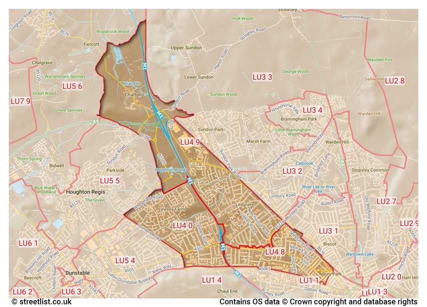 map showing postcode sectors within the LU4 district