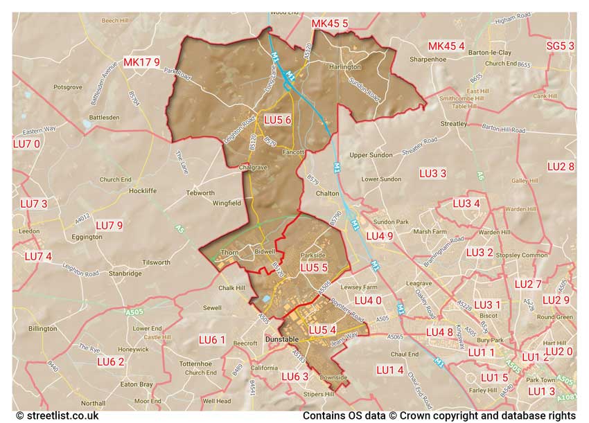 map showing postcode sectors within the LU5 district