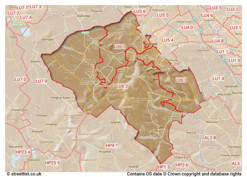 map showing postcode sectors within the LU6 district