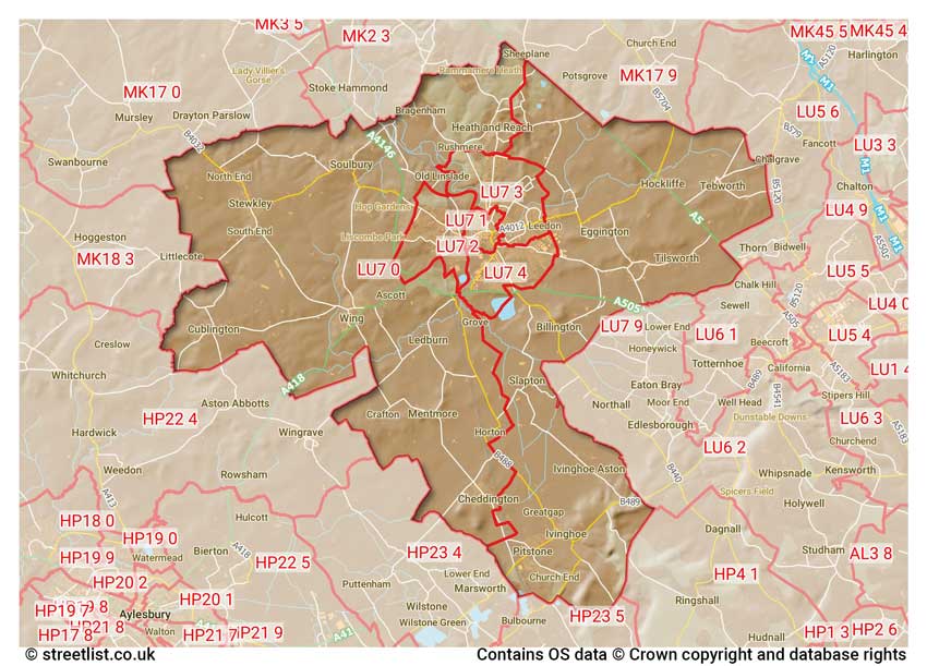 map showing postcode sectors within the LU7 district