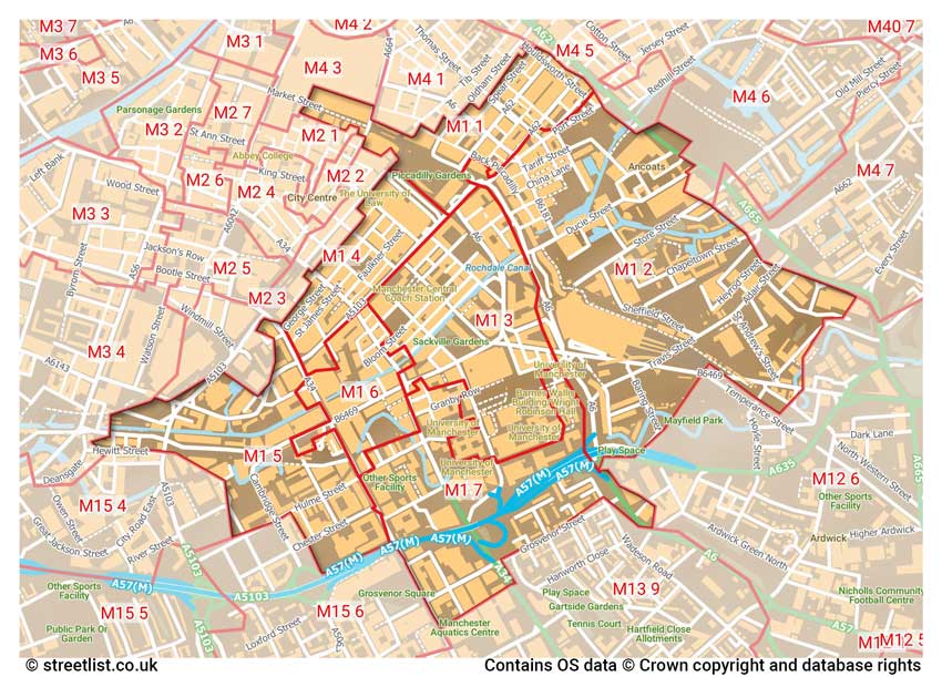 map showing postcode sectors within the M1 district