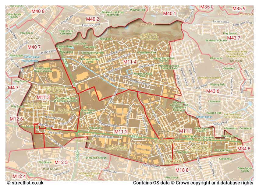 map showing postcode sectors within the M11 district