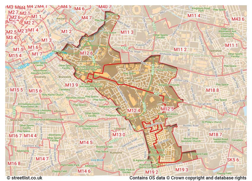 map showing postcode sectors within the M12 district