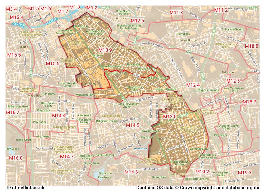 map showing postcode sectors within the M13 district