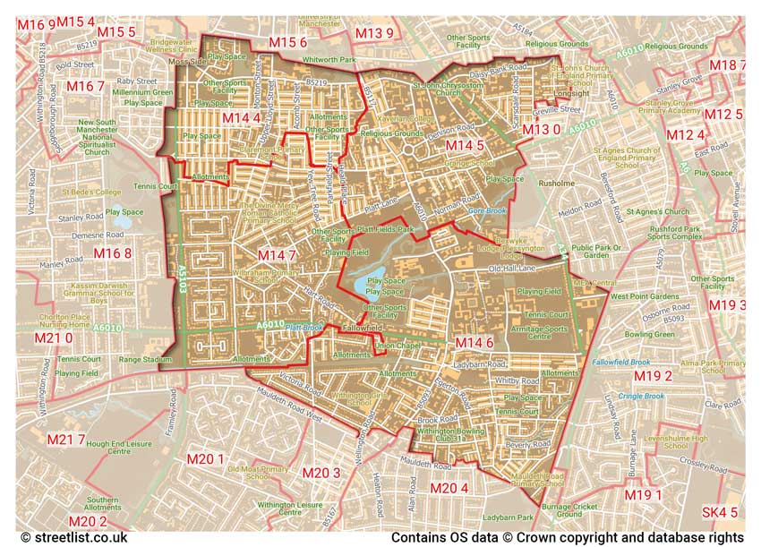 map showing postcode sectors within the M14 district