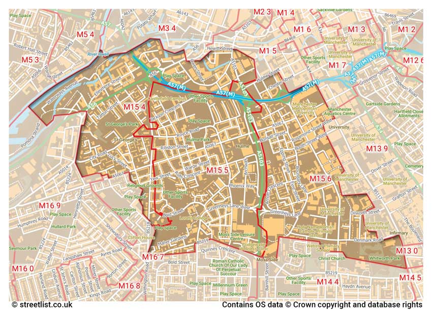 map showing postcode sectors within the M15 district